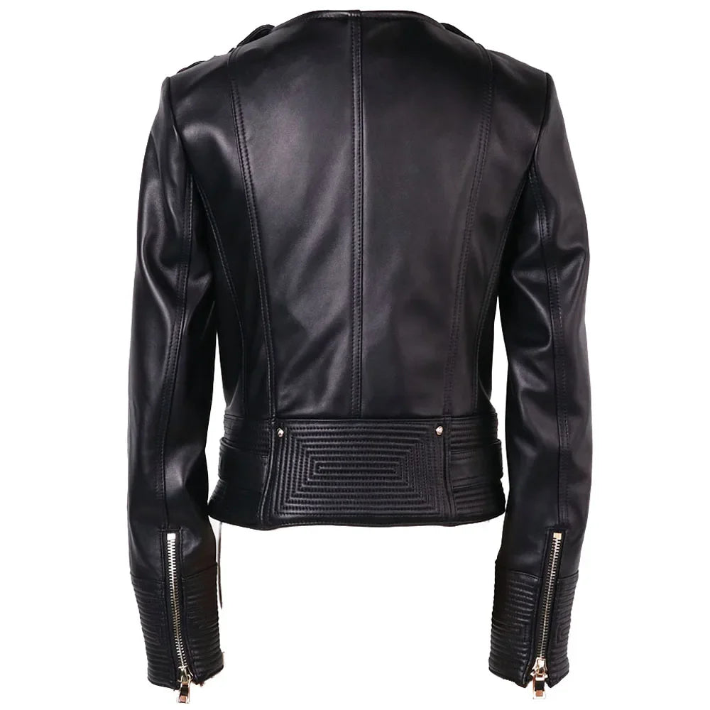 Women leather jacket black back view showing quilted waist band and sleeve zippers