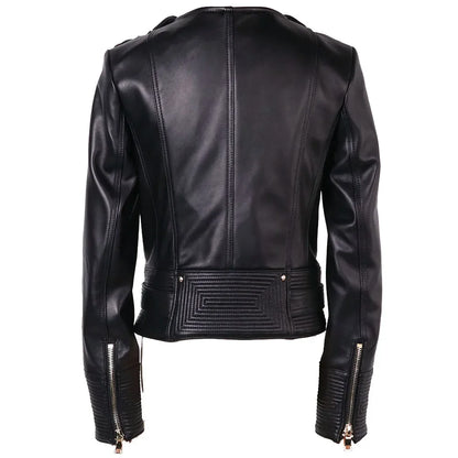 Women leather jacket black back view showing quilted waist band and sleeve zippers