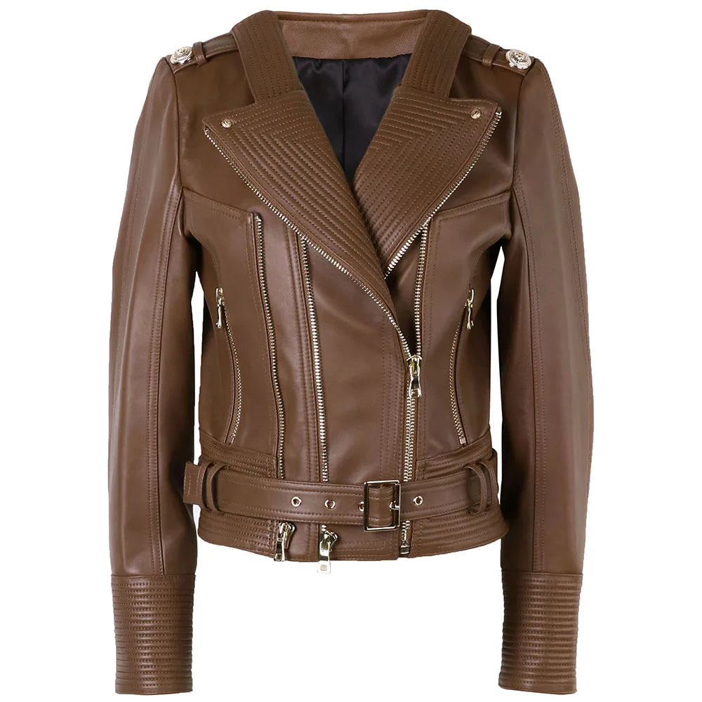 Women leather jacket brown sheepskin double zipper biker style front view with gold hardware