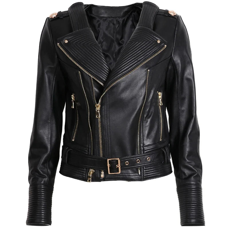 Women leather jacket black open front double zipper biker style gold hardware detail