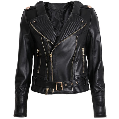 Women leather jacket black open front double zipper biker style gold hardware detail