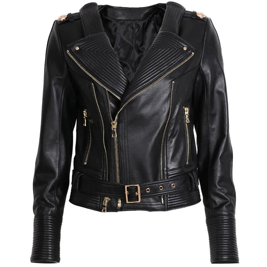 Women leather jacket black open front double zipper biker style gold hardware detail
