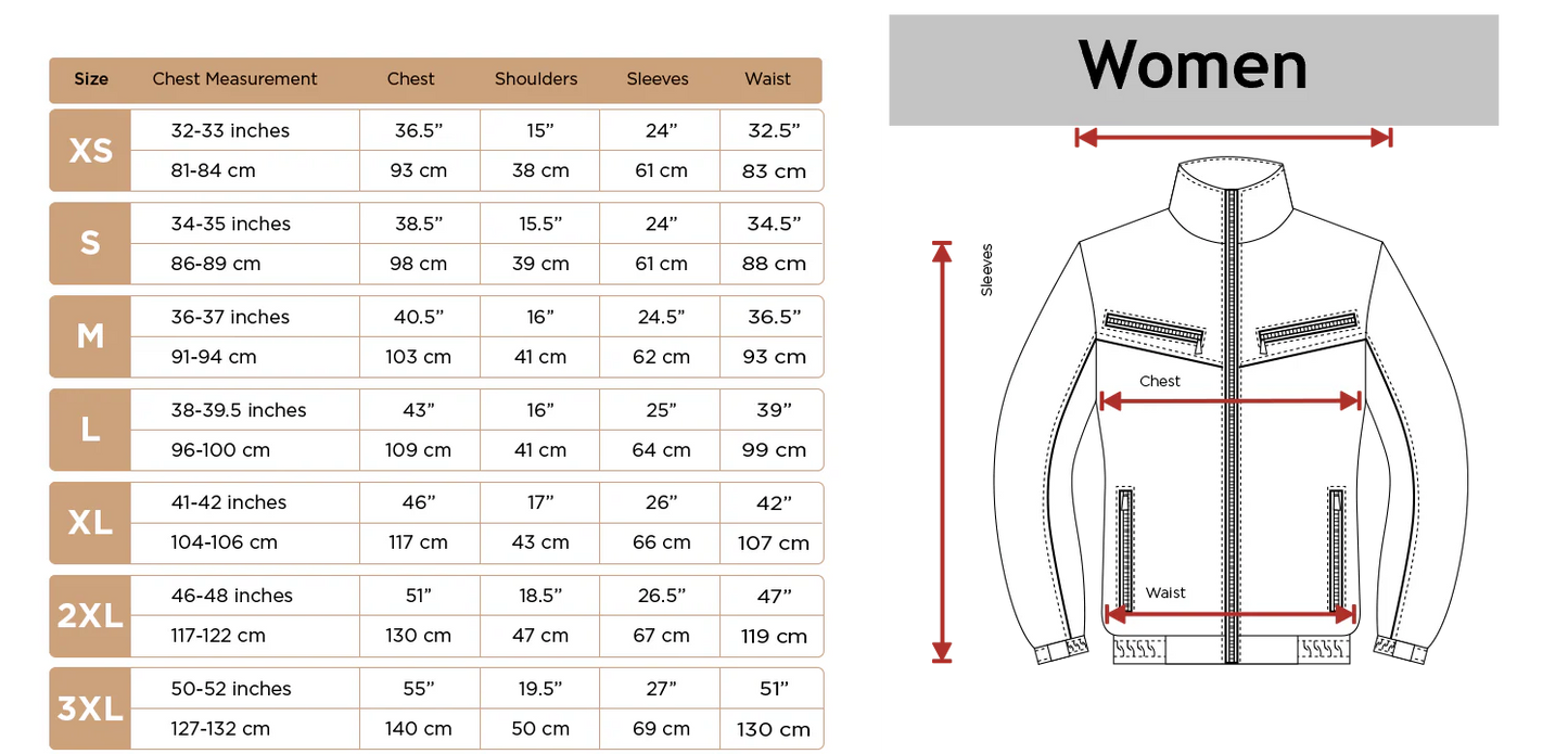 Size chart for women's jackets with measurements in inches and centimeters.