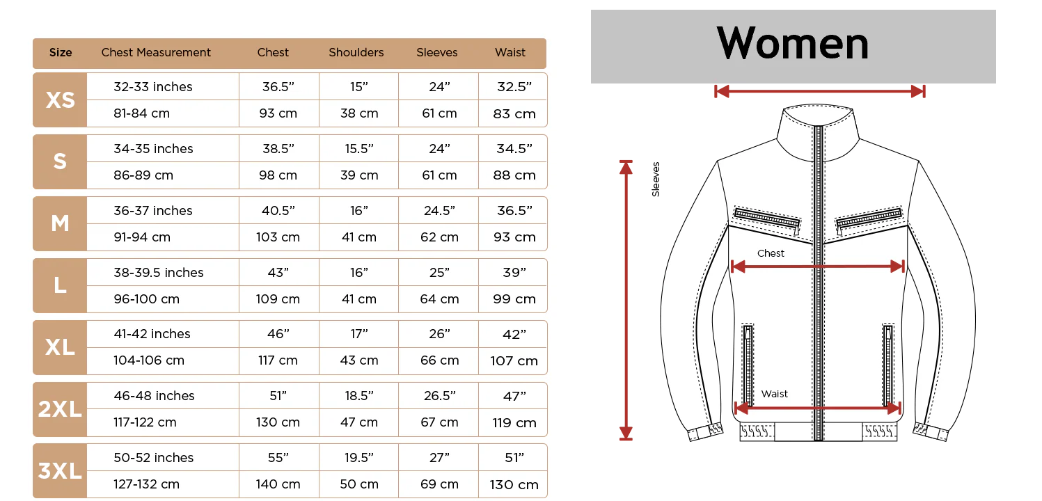 Size chart for women's jackets with measurements in inches and centimeters.