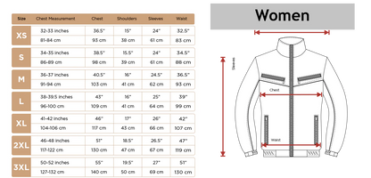 Size chart for women's jackets with measurements in inches and centimeters.
