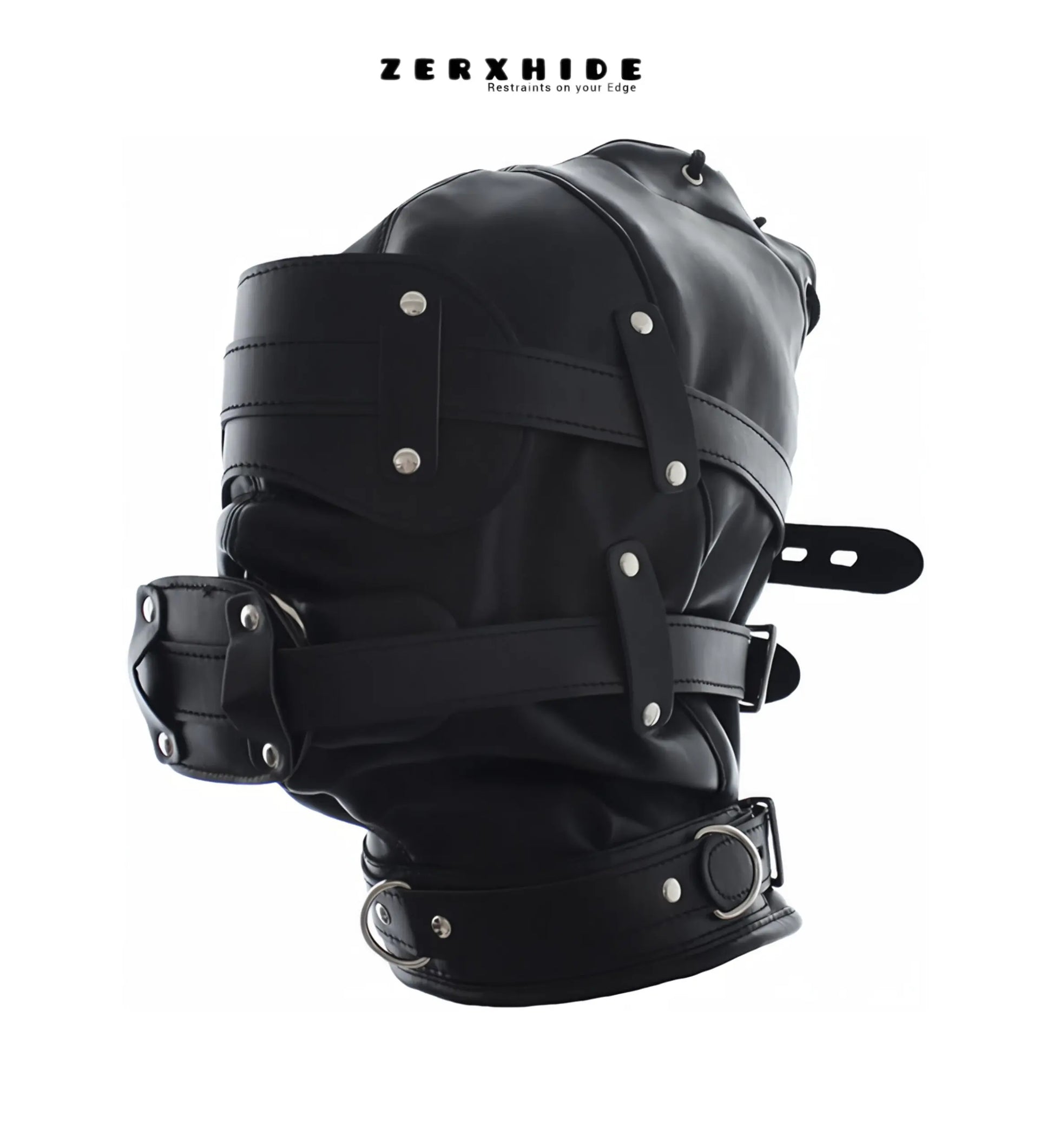 Front perspective of a handmade ZERXHIDE leather bondage mask featuring polished D-ring hardware and sensory deprivation design