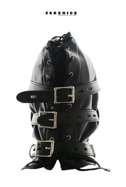 Rear view of ZERXHIDE artisanal leather hood highlighting adjustable heavy-duty buckles and reinforced lacing system
