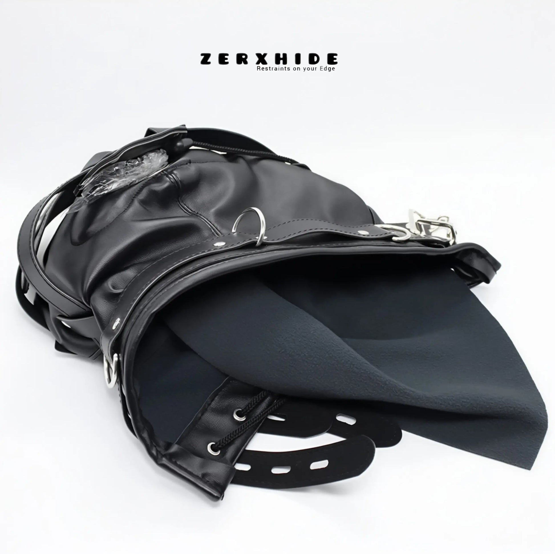 Close-up shot of the soft interior lining and reinforced stitching of a ZERXHIDE premium leather hood.
