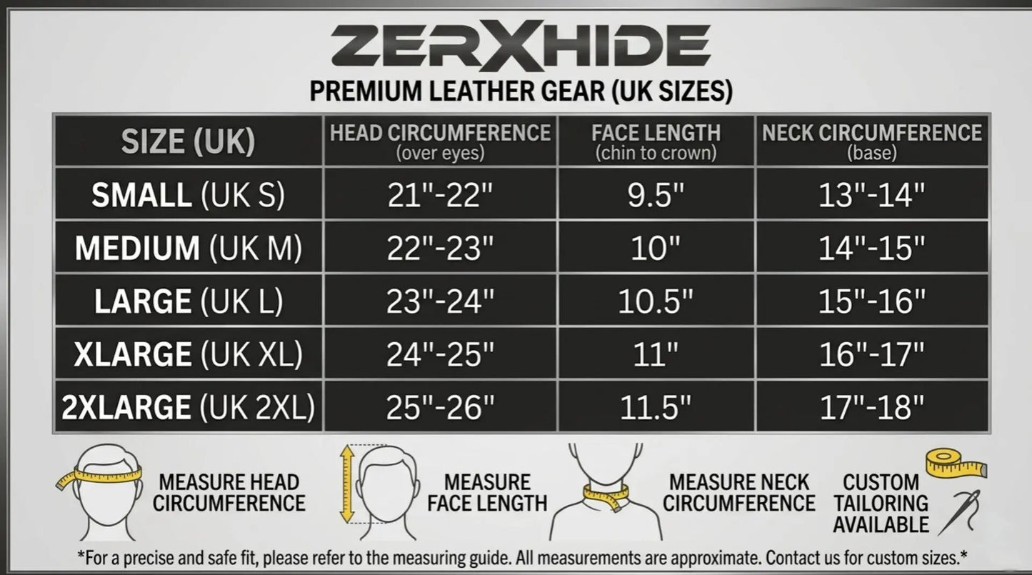 ZERXHIDE premium leather gear size chart showing UK Small to 2XL measurements for head circumference, face length, and neck.