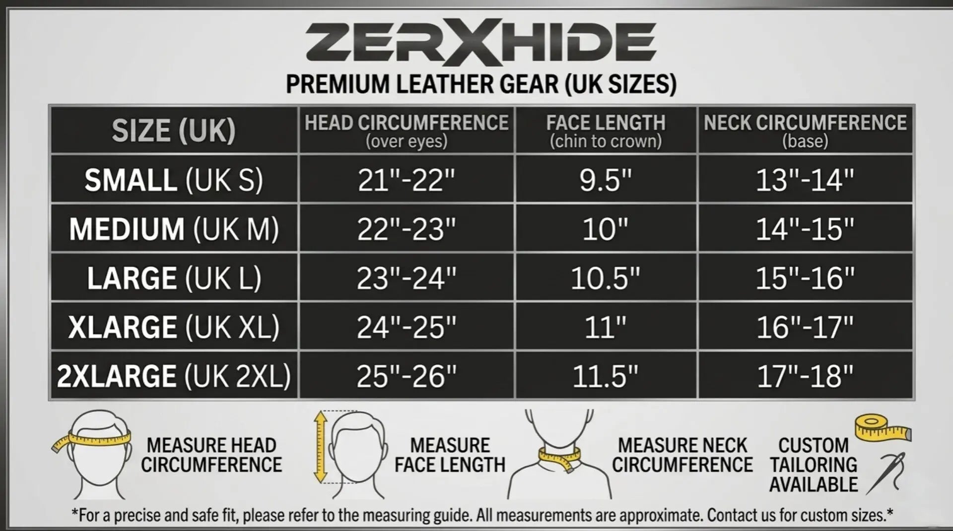 ZERXHIDE premium leather gear size chart showing UK Small to 2XL measurements for head circumference, face length, and neck.