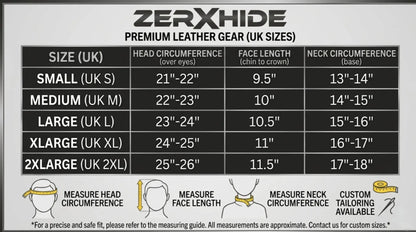 ZERXHIDE premium leather gear size chart showing UK Small to 2XL measurements for head circumference, face length, and neck.