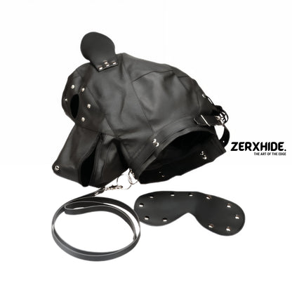 Premium Leather Puppy Hood Set with Detachable Blindfold & Leash ZerxHide