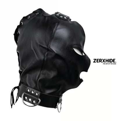 Premium Lace-Up Leather Hood with Built-In Collar & D-Rings ZerxHide
