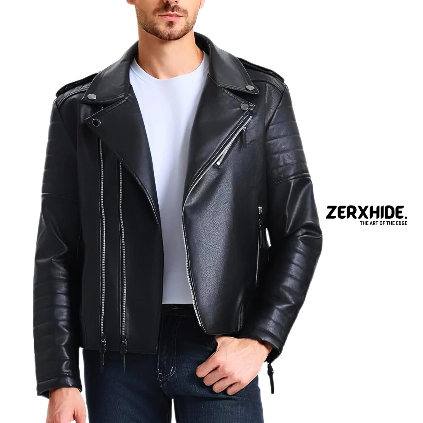 Zerxhide Black Moto Leather Jacket - Men's Quilted Biker Style Streetwear ZerxHide