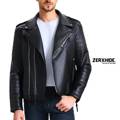 Zerxhide Black Moto Leather Jacket - Men's Quilted Biker Style Streetwear ZerxHide