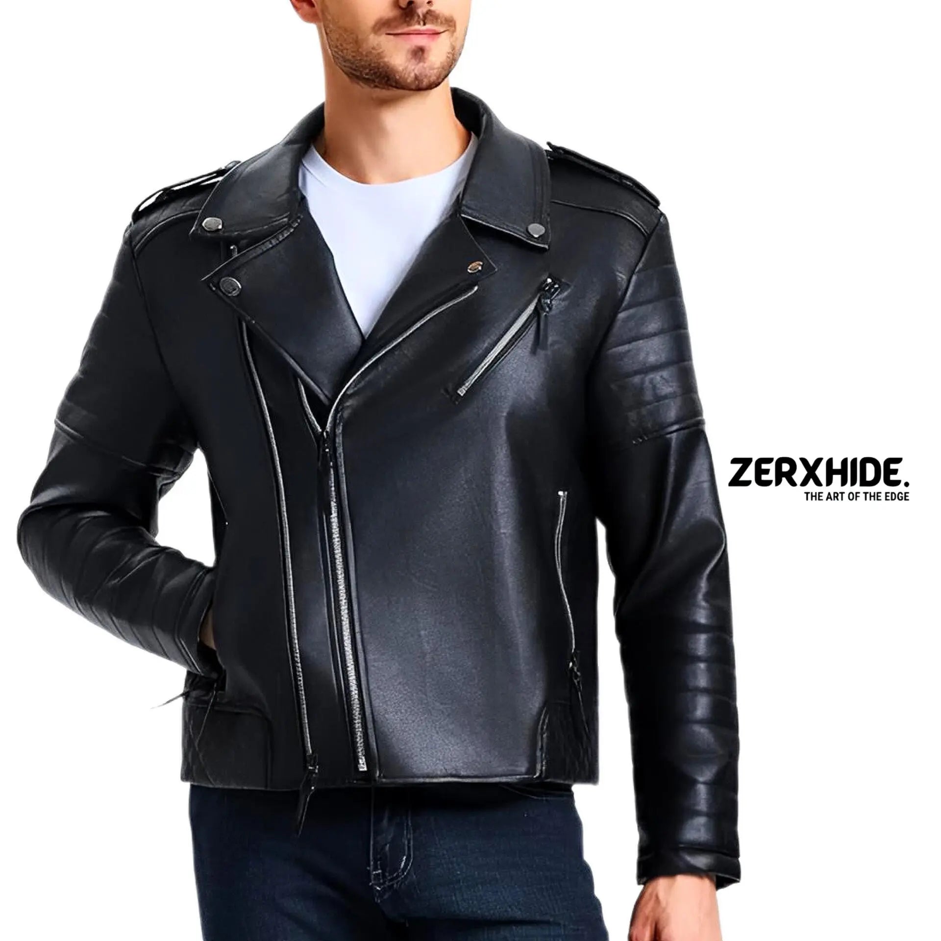 Zerxhide Black Moto Leather Jacket - Men's Quilted Biker Style Streetwear ZerxHide
