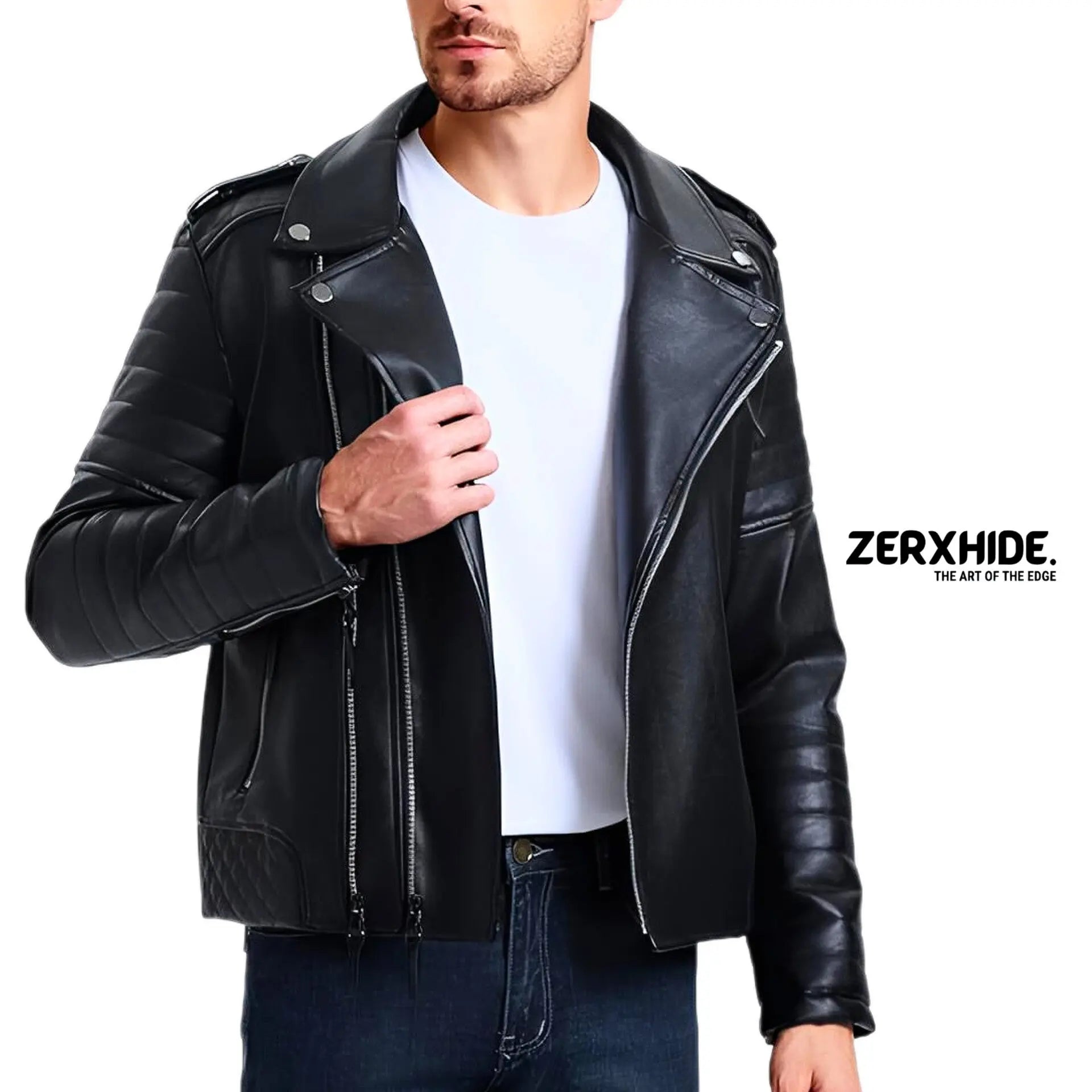 Zerxhide Black Moto Leather Jacket - Men's Quilted Biker Style Streetwear ZerxHide
