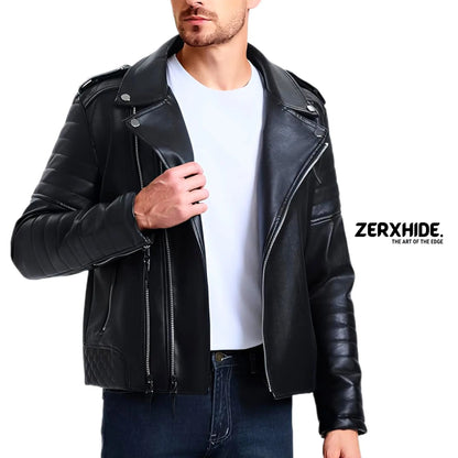 Zerxhide Black Moto Leather Jacket - Men's Quilted Biker Style Streetwear ZerxHide