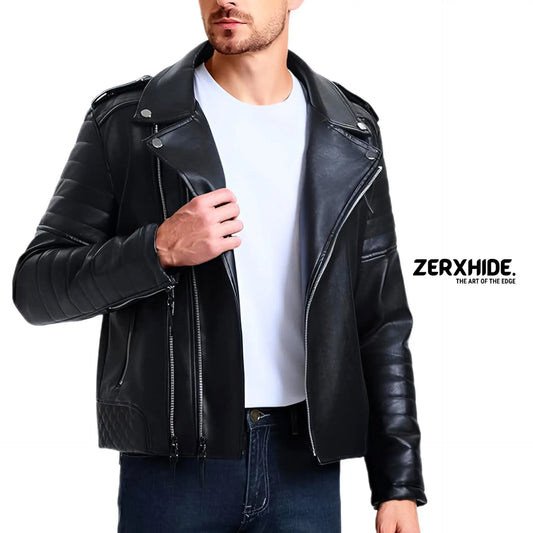 Zerxhide Black Moto Leather Jacket - Men's Quilted Biker Style Streetwear ZerxHide