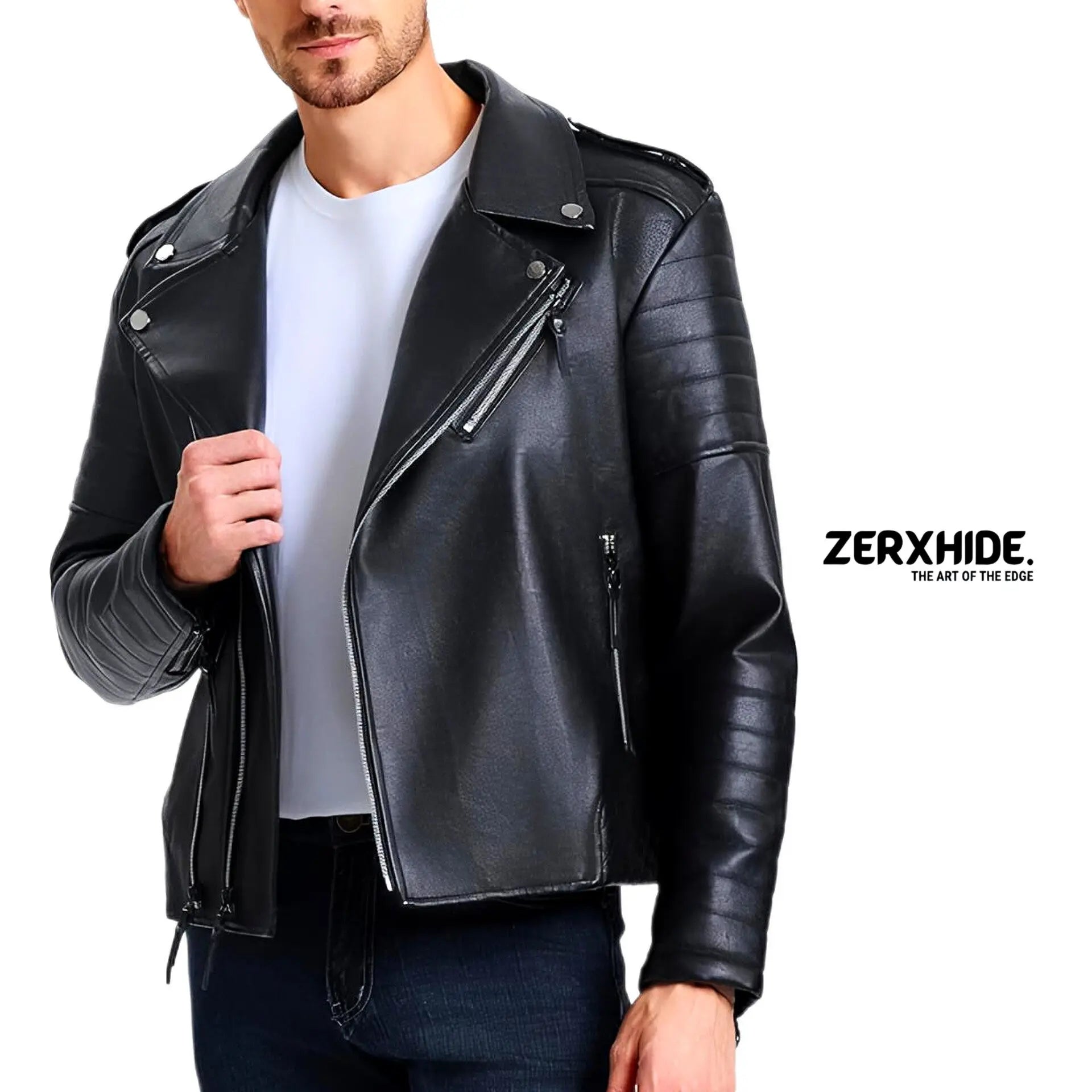 Zerxhide Black Moto Leather Jacket - Men's Quilted Biker Style Streetwear ZerxHide