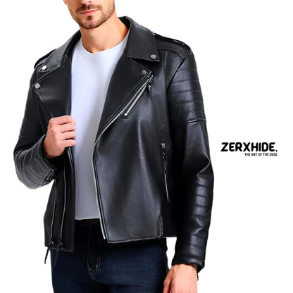Zerxhide Black Moto Leather Jacket - Men's Quilted Biker Style Streetwear ZerxHide