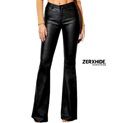 High-Waisted Black Faux Leather Flared Pants – Slim Fit Moto Flares ZerxHide