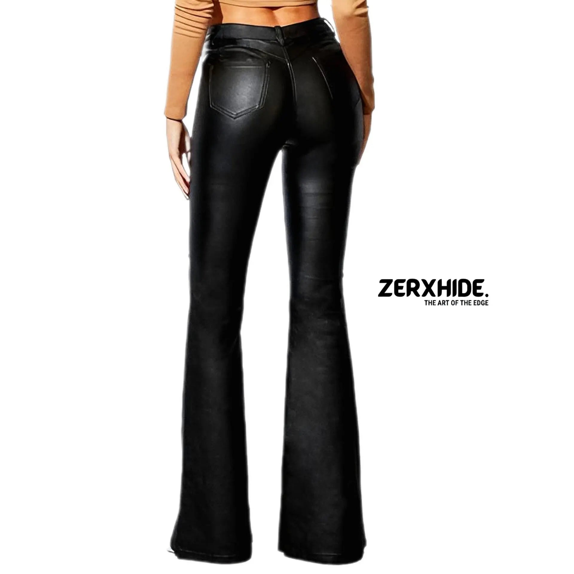 High-Waisted Black Faux Leather Flared Pants – Slim Fit Moto Flares ZerxHide