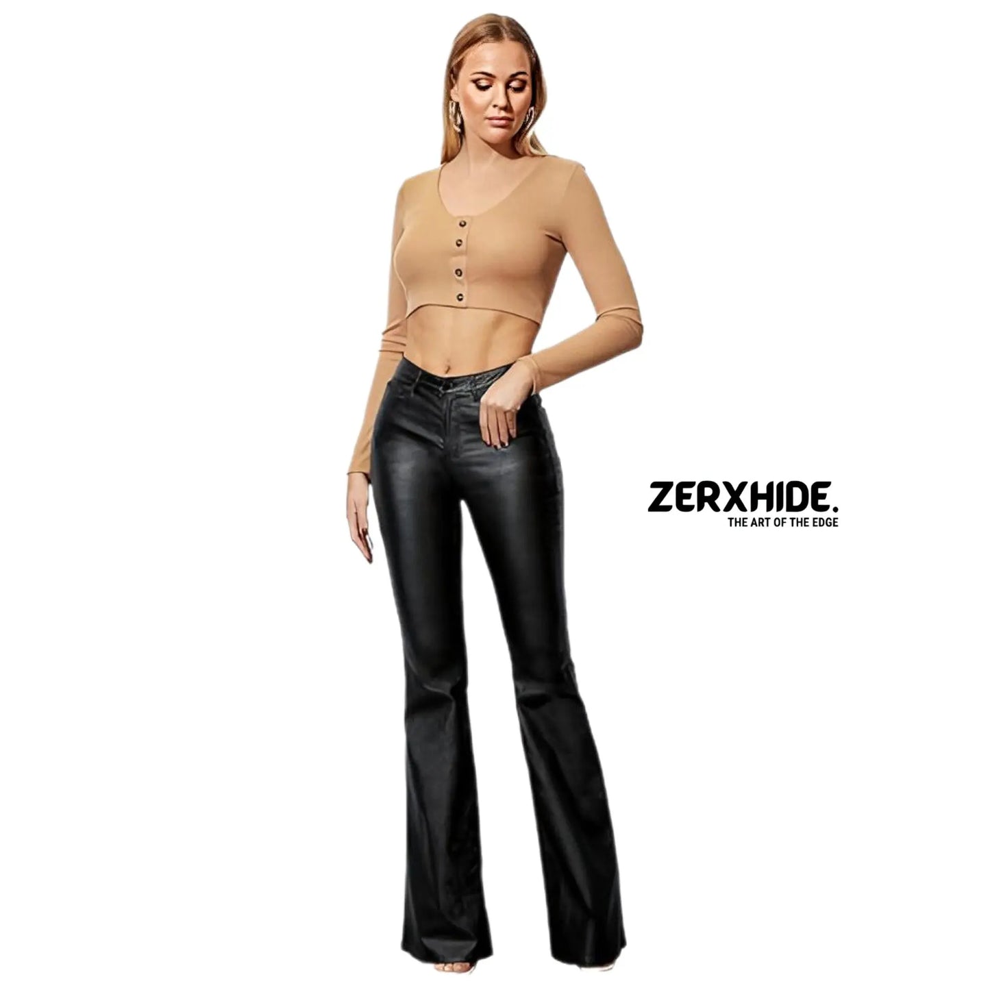 High-Waisted Black Faux Leather Flared Pants – Slim Fit Moto Flares ZerxHide