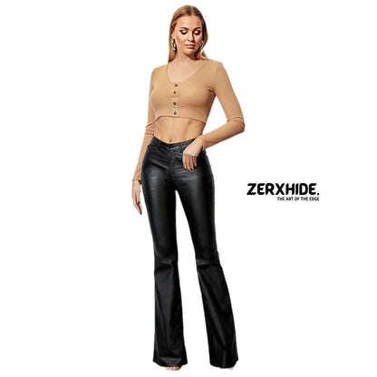High-Waisted Black Faux Leather Flared Pants – Slim Fit Moto Flares ZerxHide
