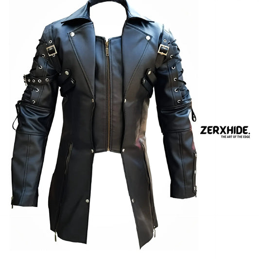 Cyberpunk Lace-Up Leather Trench Coat ZerxHide