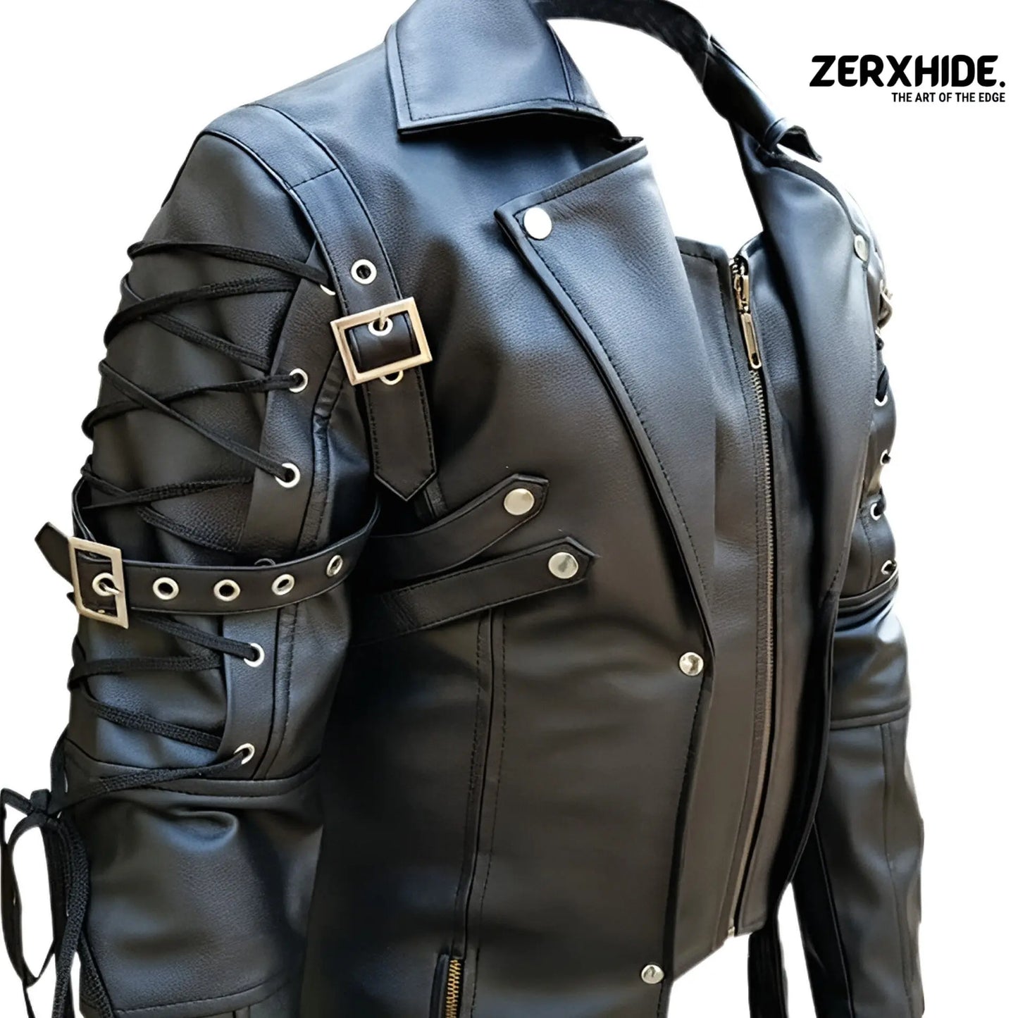 Cyberpunk Lace-Up Leather Trench Coat ZerxHide