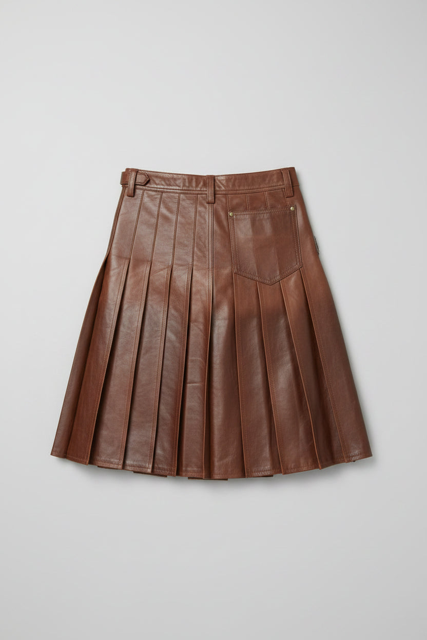 Man wearing a brown leather kilt on a city street.