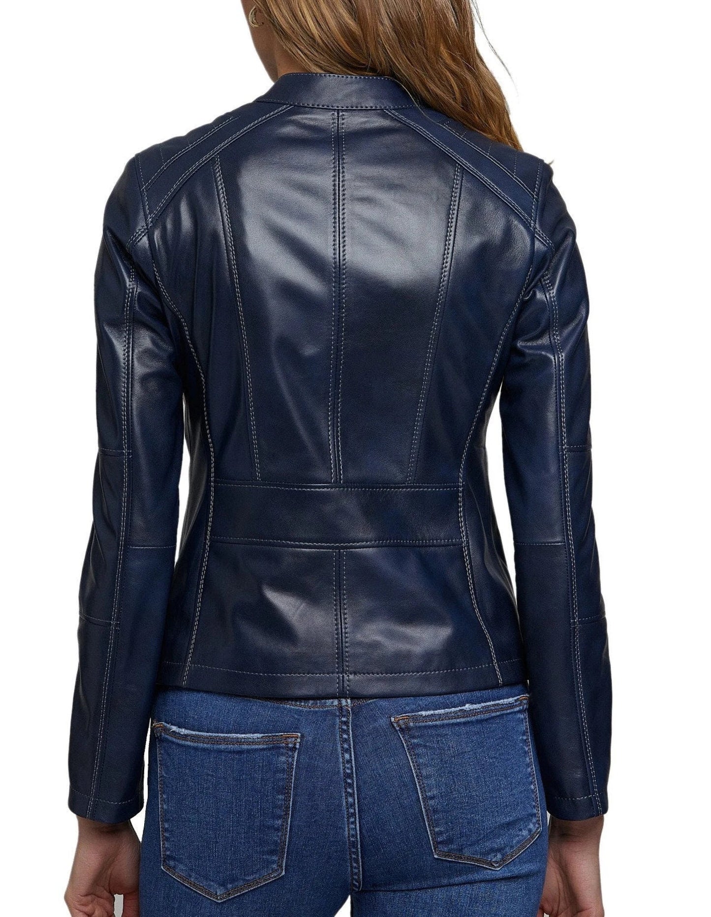 ZERXHIDE navy blue leather jacket — back view showing double stitching, panel seaming and fitted silhouette with jeans