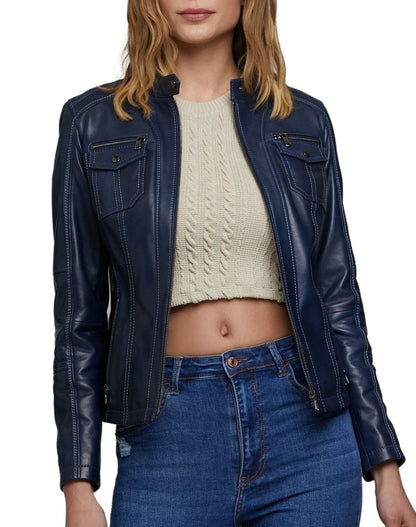 ZERXHIDE navy blue lambskin leather jacket zipped — front view showing snap collar, 4 zip pockets and fitted panel seaming