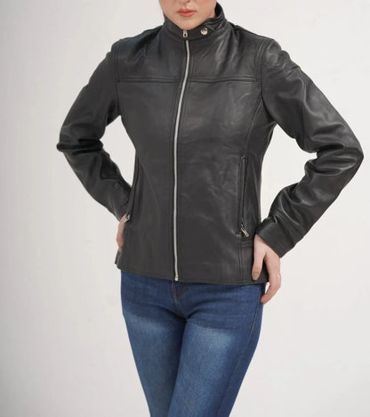 ZERXHIDE black leather jacket front view — zipped with silver zipper, snap collar, side zip pockets, women's lambskin biker jacket