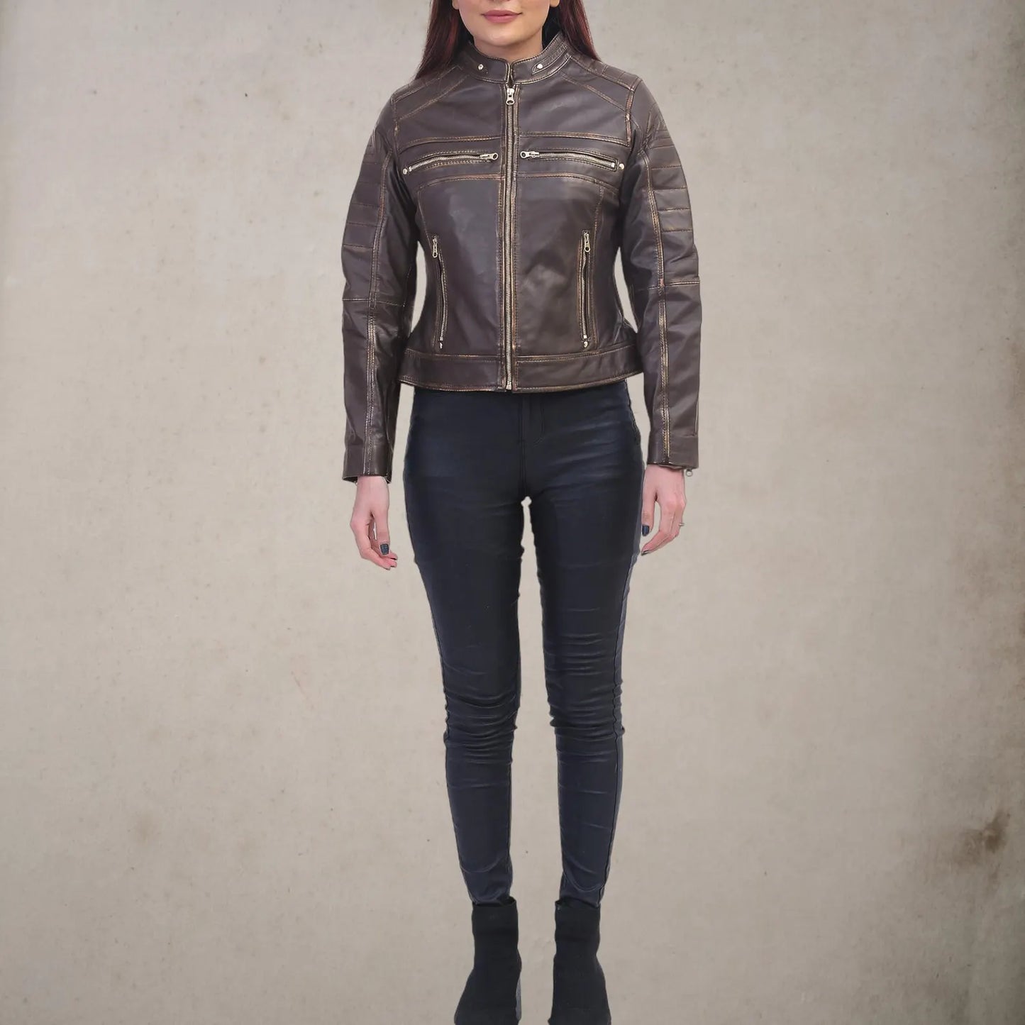 Women leather jacket full body front view distressed brown biker style