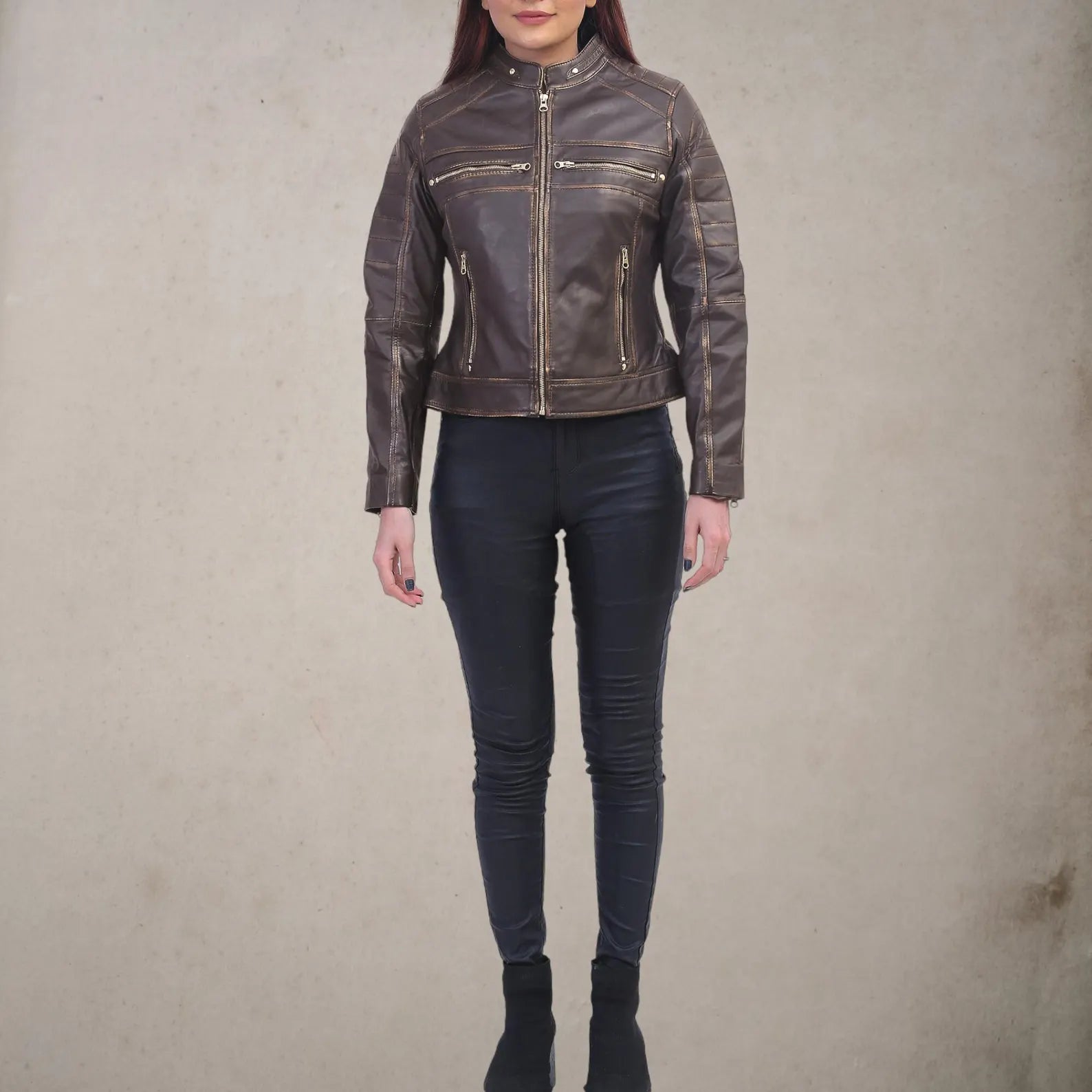 Women leather jacket full body front view distressed brown biker style