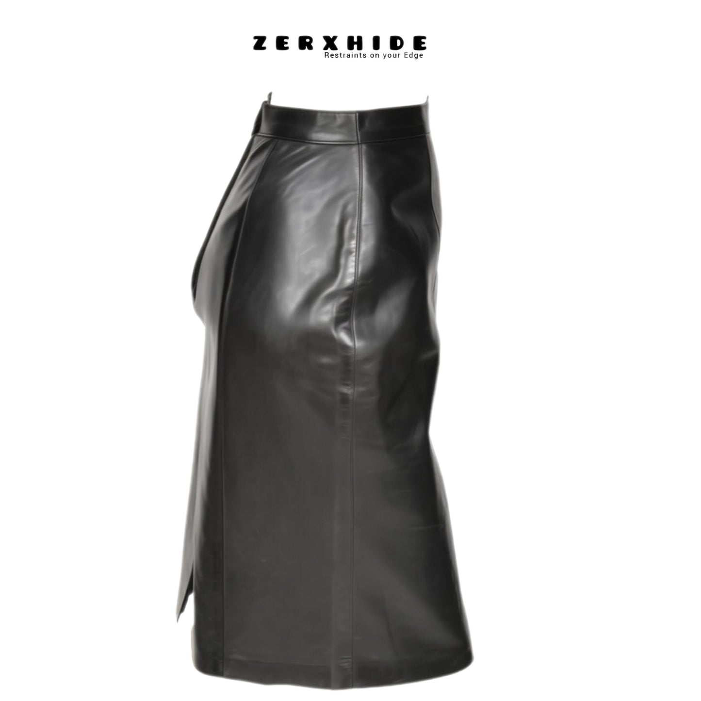ZERXHIDE black leather skirt — side view showing panel seaming and hem slit, high-waisted midi silhouette