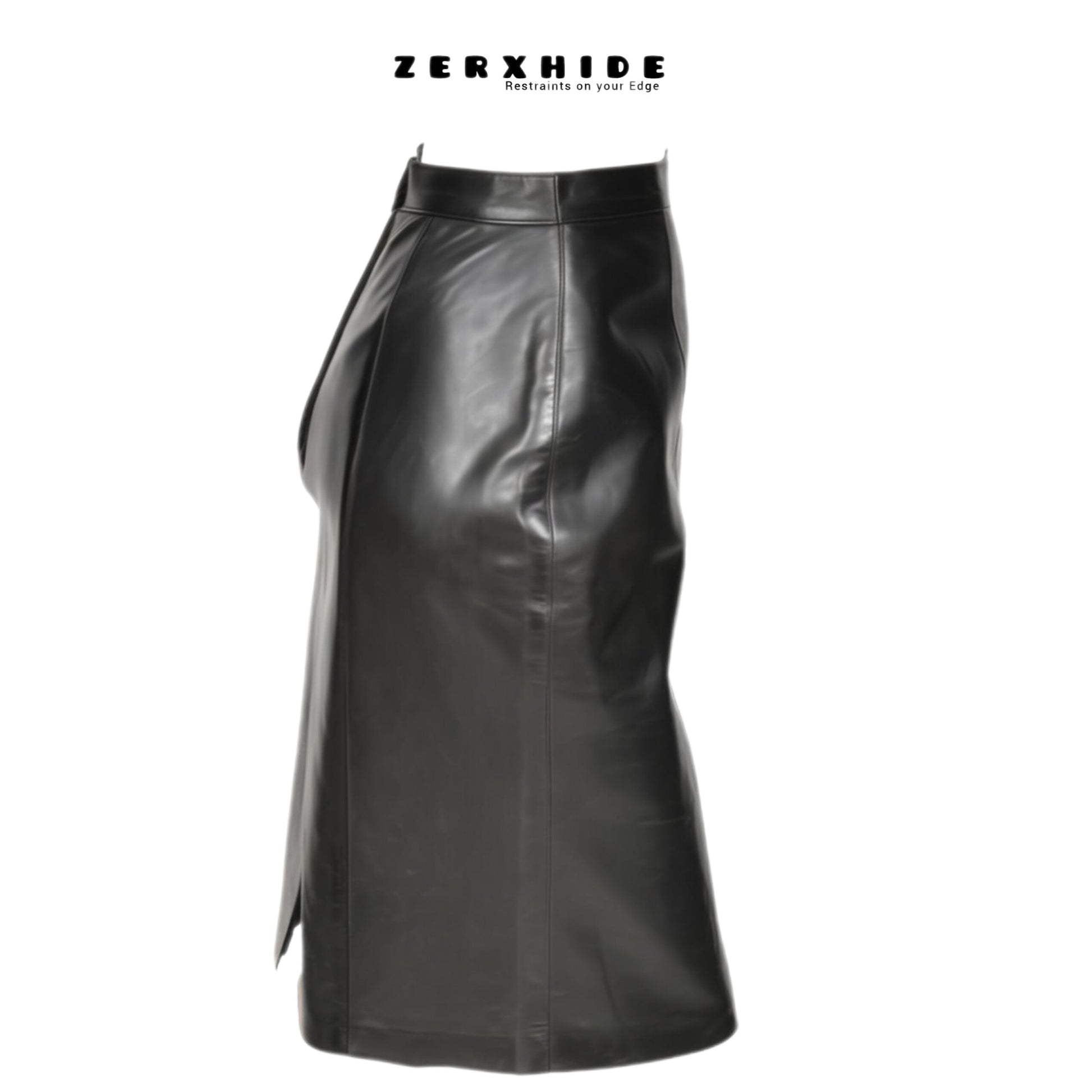 ZERXHIDE black leather skirt — side view showing panel seaming and hem slit, high-waisted midi silhouette