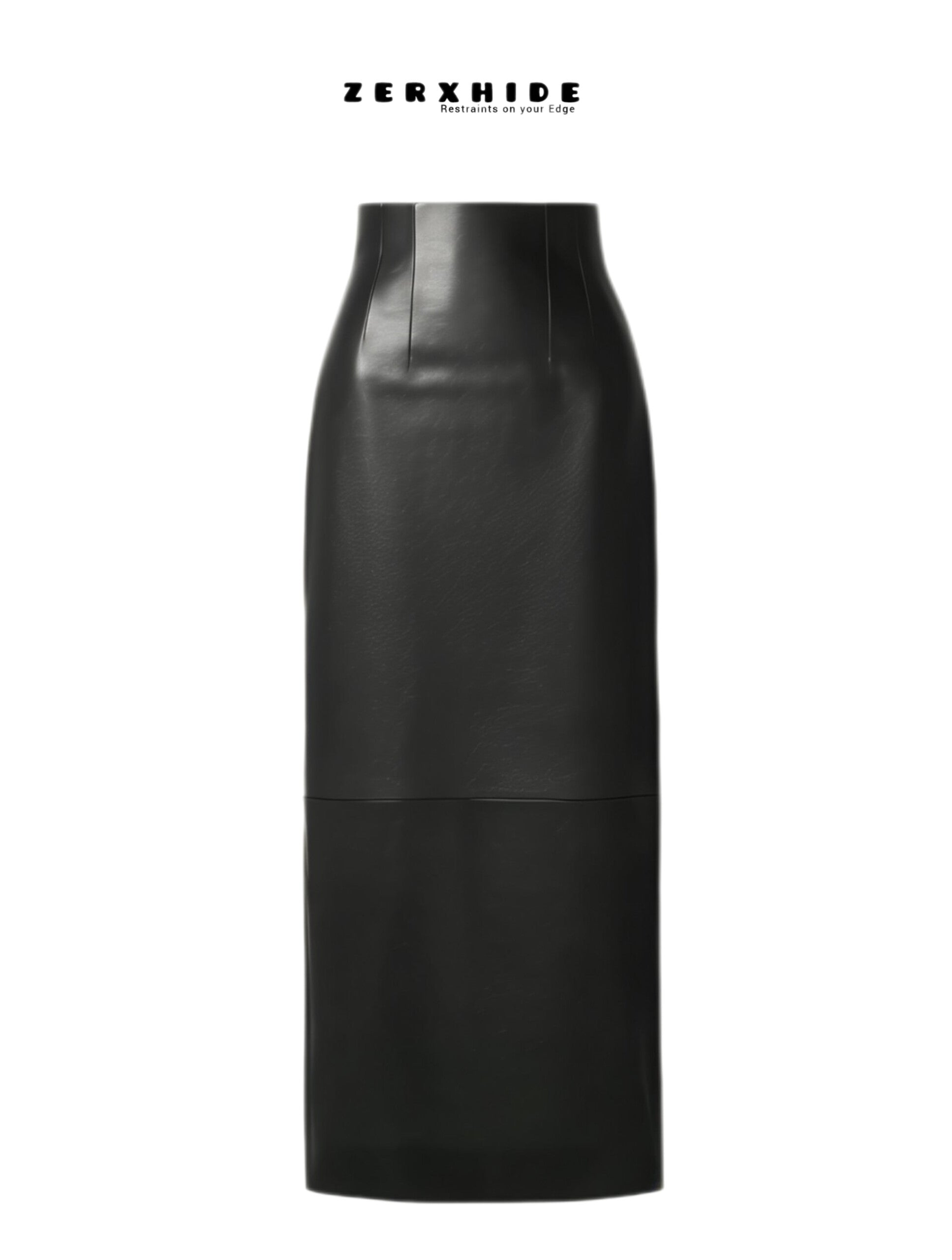 ZERXHIDE black Napa lambskin leather skirt flat lay — high-waisted maxi silhouette with panel seaming, front view