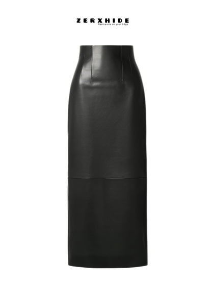 ZERXHIDE black Napa lambskin leather skirt flat lay — high-waisted maxi silhouette with panel seaming, front view