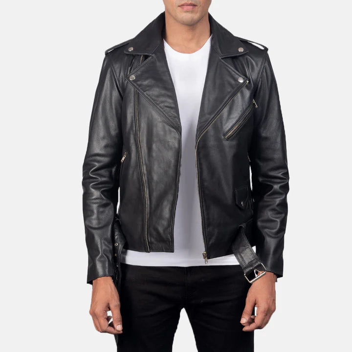 Black leather jacket worn by a person on a white background