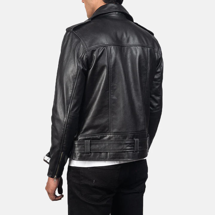Black leather jacket worn by a person on a white background