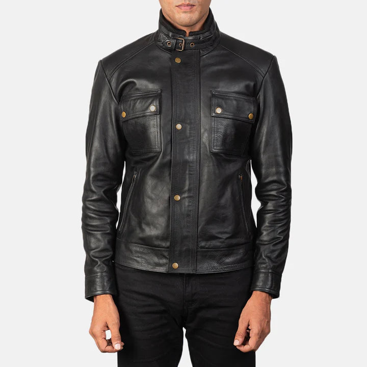 Black leather jacket with gold buttons on a white background