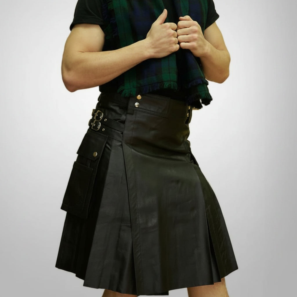 Man wearing a black kilt and green plaid scarf on a gray background