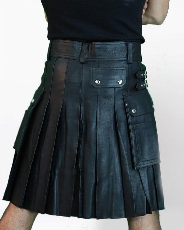 Black leather kilt worn by a person on a white background