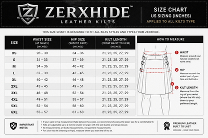 Zerxhide leather kilts size chart with measurements and illustrations.