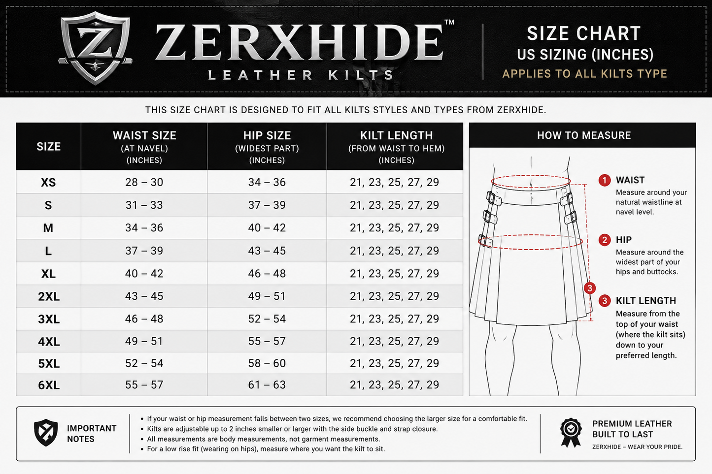Zerxhide leather kilts size chart with measurements and illustrations.
