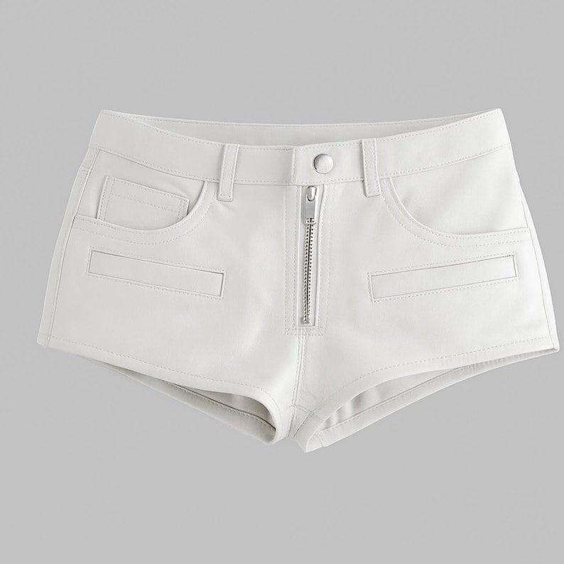 White denim shorts with a zipper on a gray background