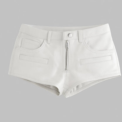 White denim shorts with a zipper on a gray background